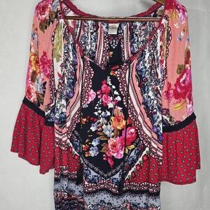 Bila Boho Floral Peasant Top Rayon Tassel Tie V-neck Ruffle Sleeve Festival L